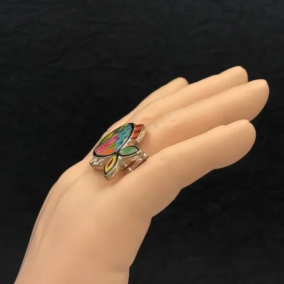 Tropical Fish Multicolor Painted Statement Cocktail Stretch Ring - Picture 2 of 3